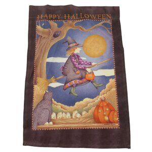 Debbie Mumm Fall Halloween Flag Witch On A Broom, Cat, Pumpkin, Moon
